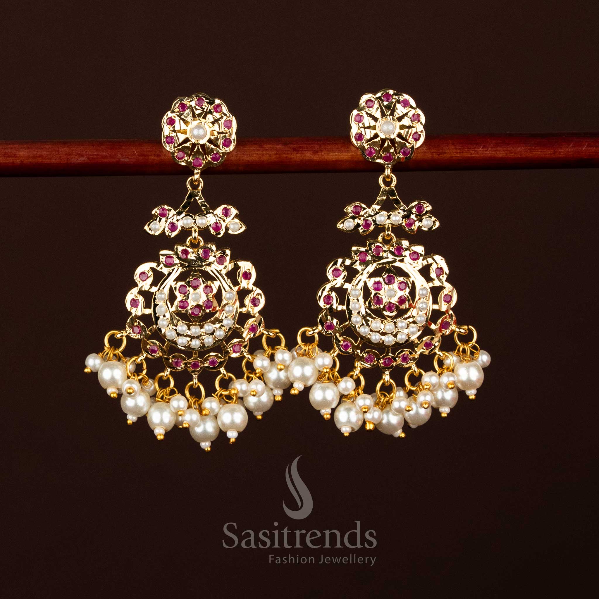 Luxury Punjabi Jadau Micro Gold Plated Floral Motif Earrings with Ruby AD Stones and Pearl Drops – Elegant Wedding & Grand Occasion Jewellery – Sasitrends