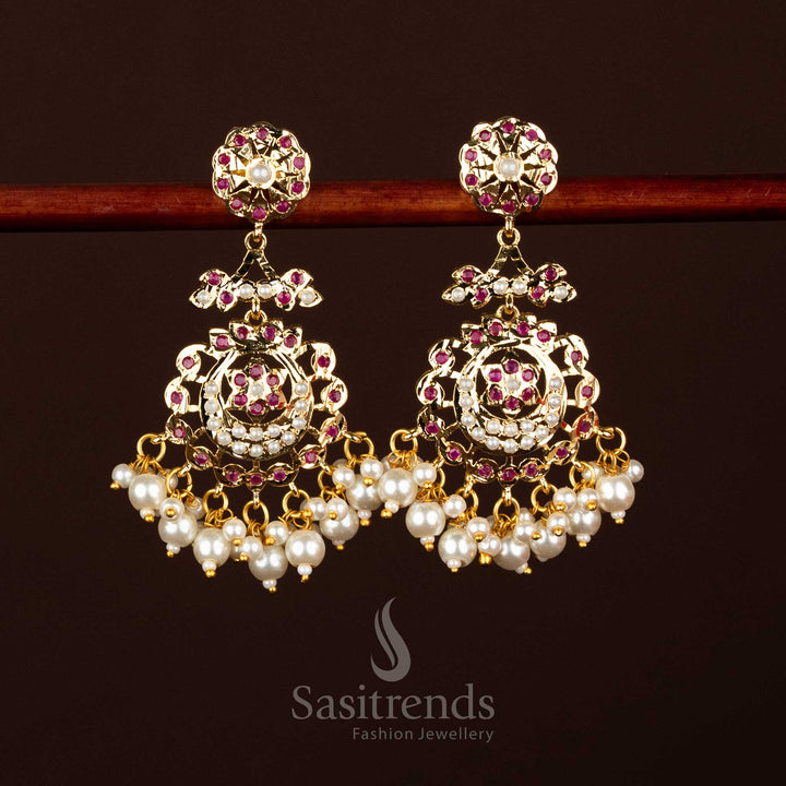 Luxury Punjabi Jadau Micro Gold Plated Floral Motif Earrings with Ruby AD Stones and Pearl Drops – Elegant Wedding & Grand Occasion Jewellery – Sasitrends