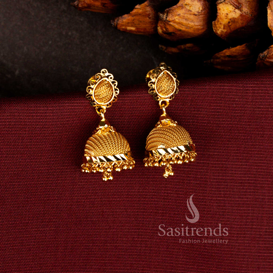 Resplendent Guaranteed micro gold plated swirling mesh teardrop jhumka earrings - Sasitrends