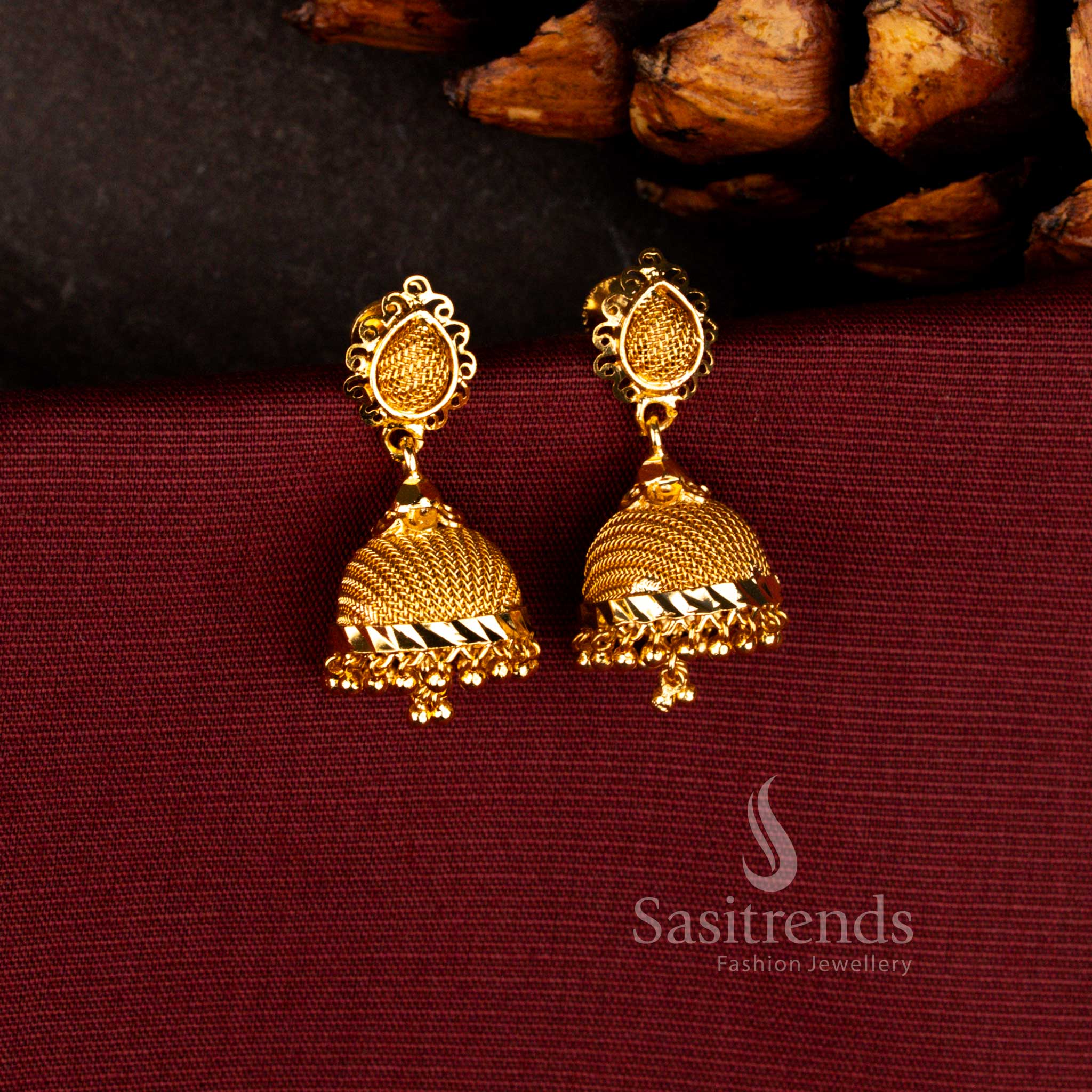 Resplendent Guaranteed micro gold plated swirling mesh teardrop jhumka earrings - Sasitrends
