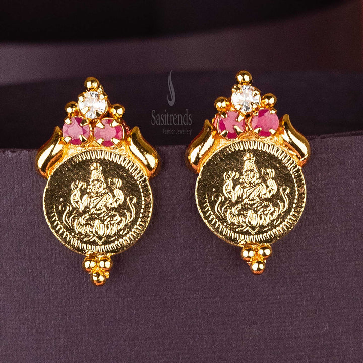 Sasitrends - Elegant Lakshmi Coin Micro Gold Plated Kerala Earrings with Three AD Stones - Sasitrends
