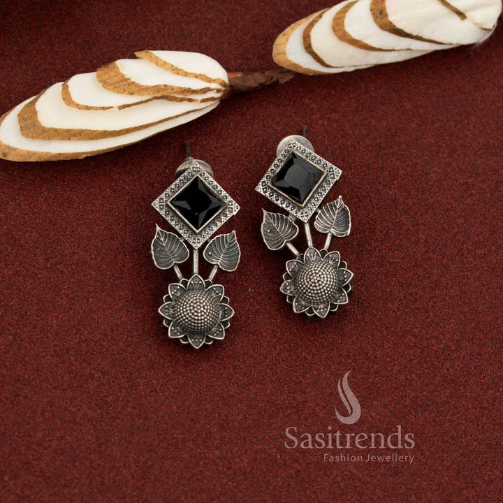 Midnight structure antique oxidised stone square and floral black earrings with strong minimal appeal perfect for daily professional wear and office styling – Sasitrends