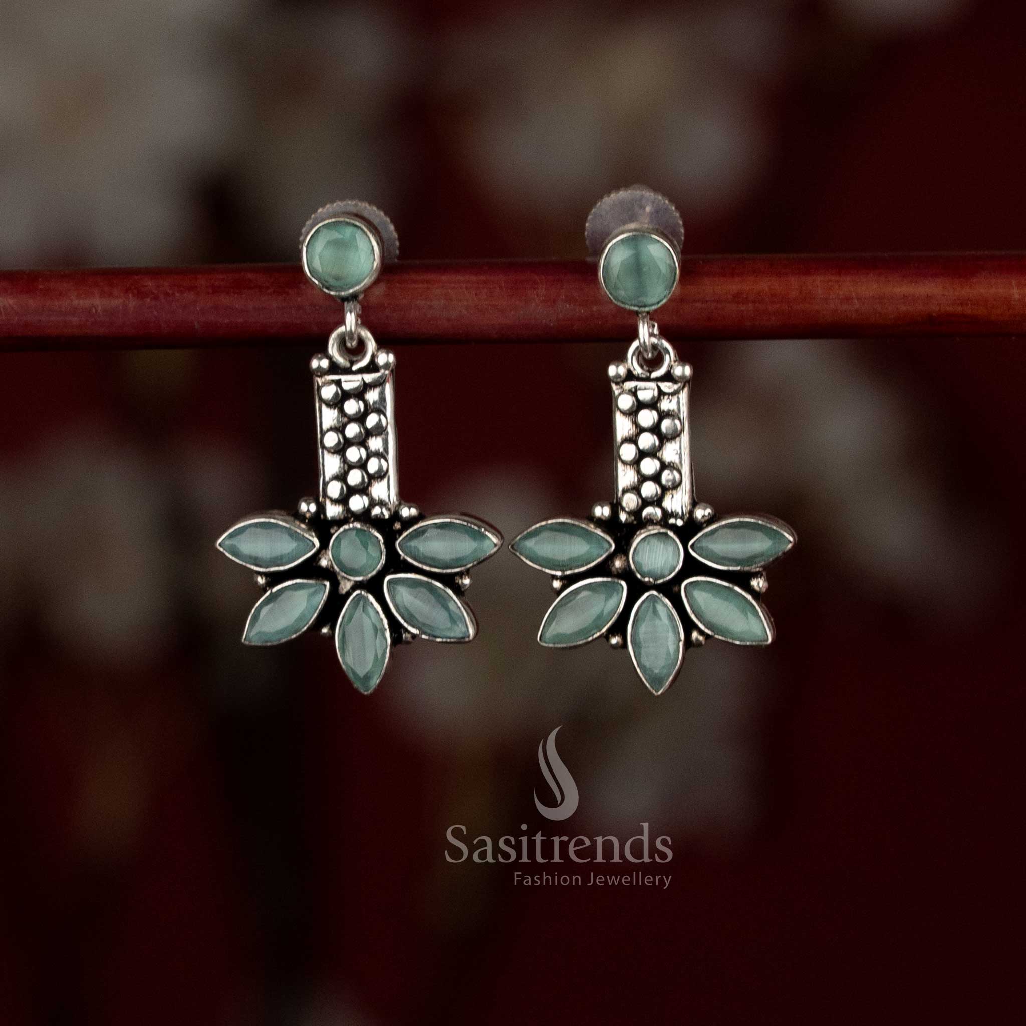 Cool mint oxidised silver dangle earrings with slim leaf drop and rounded top highlight – Sasitrends