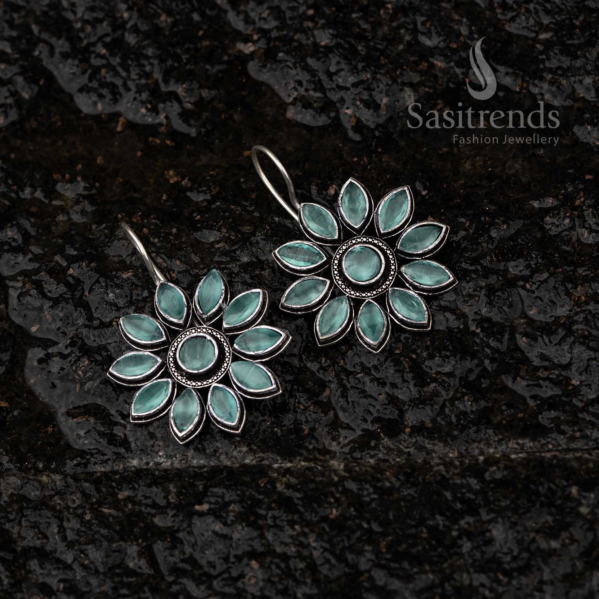 Mint Floral Oxidised Earrings, Navarathiri Special Sasitrends Online Shopping