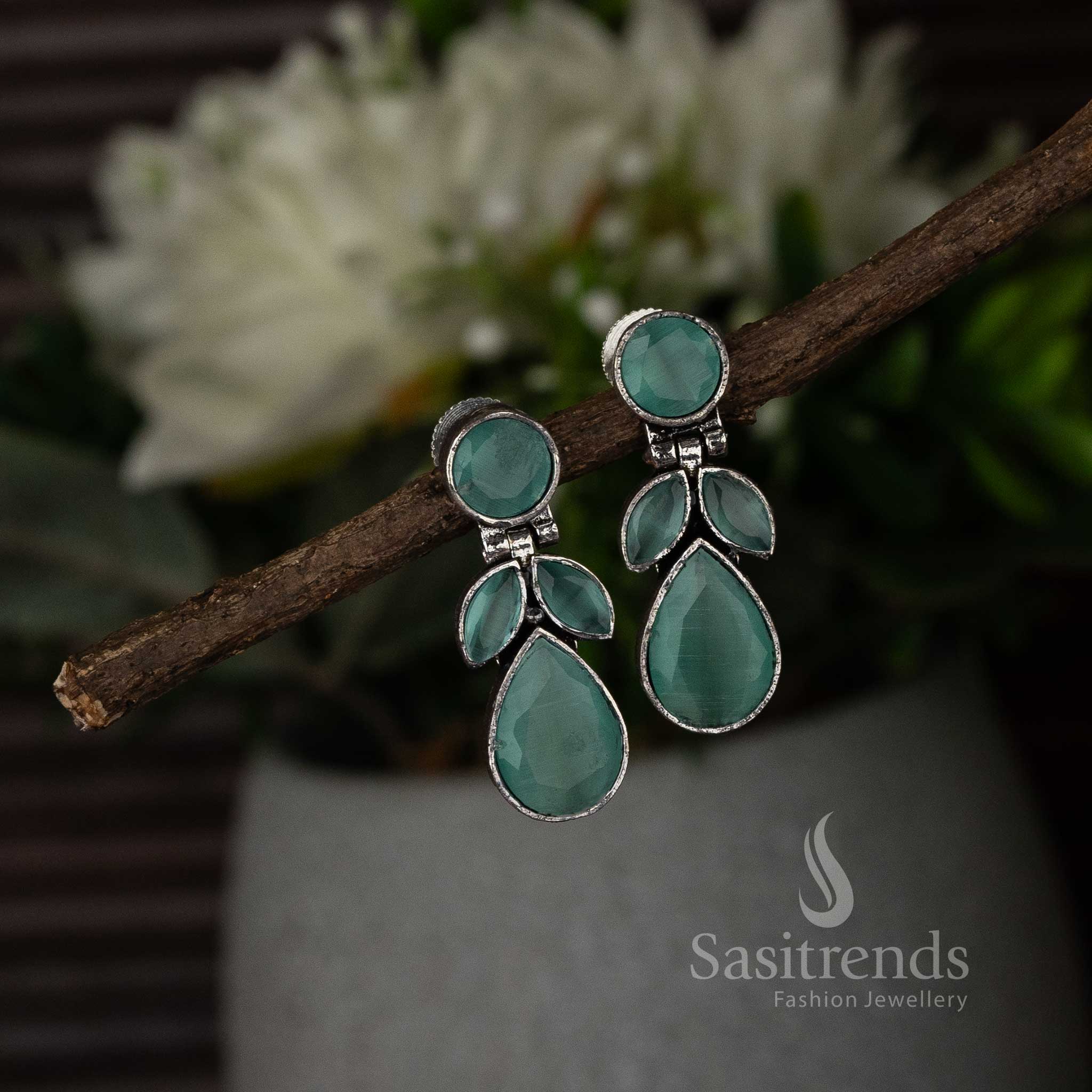 Mint Stone Stud Oxidised Water Drop Designer Push Back Earrings