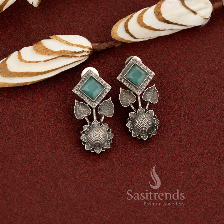 Minted ease antique oxidised stone square and floral mint earrings with soft modern freshness suited for everyday office wear and calm professional looks – Sasitrends