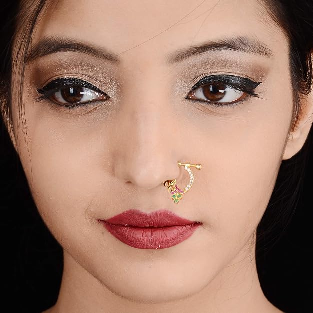 AD Stone Studded Gold Plated Non-Piercing Floral Gemstone Nose Pin - Sasitrends