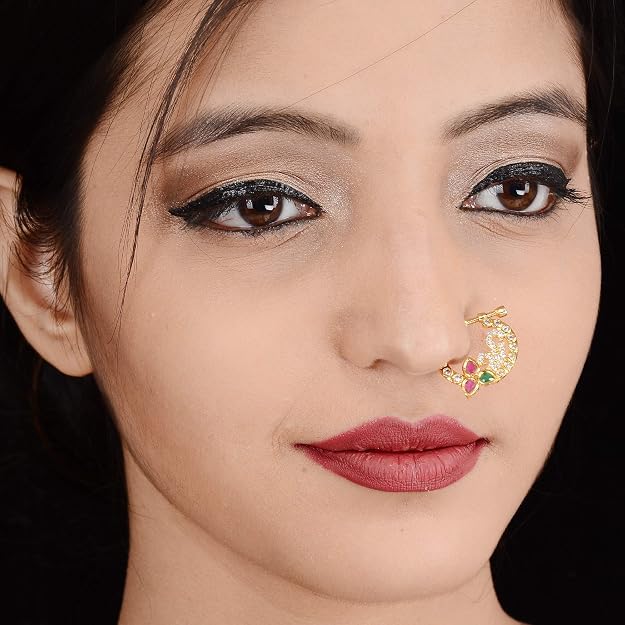 Adjustable non-piercing gold plated peacock nose pin for festive and wedding wear - Sasitrends