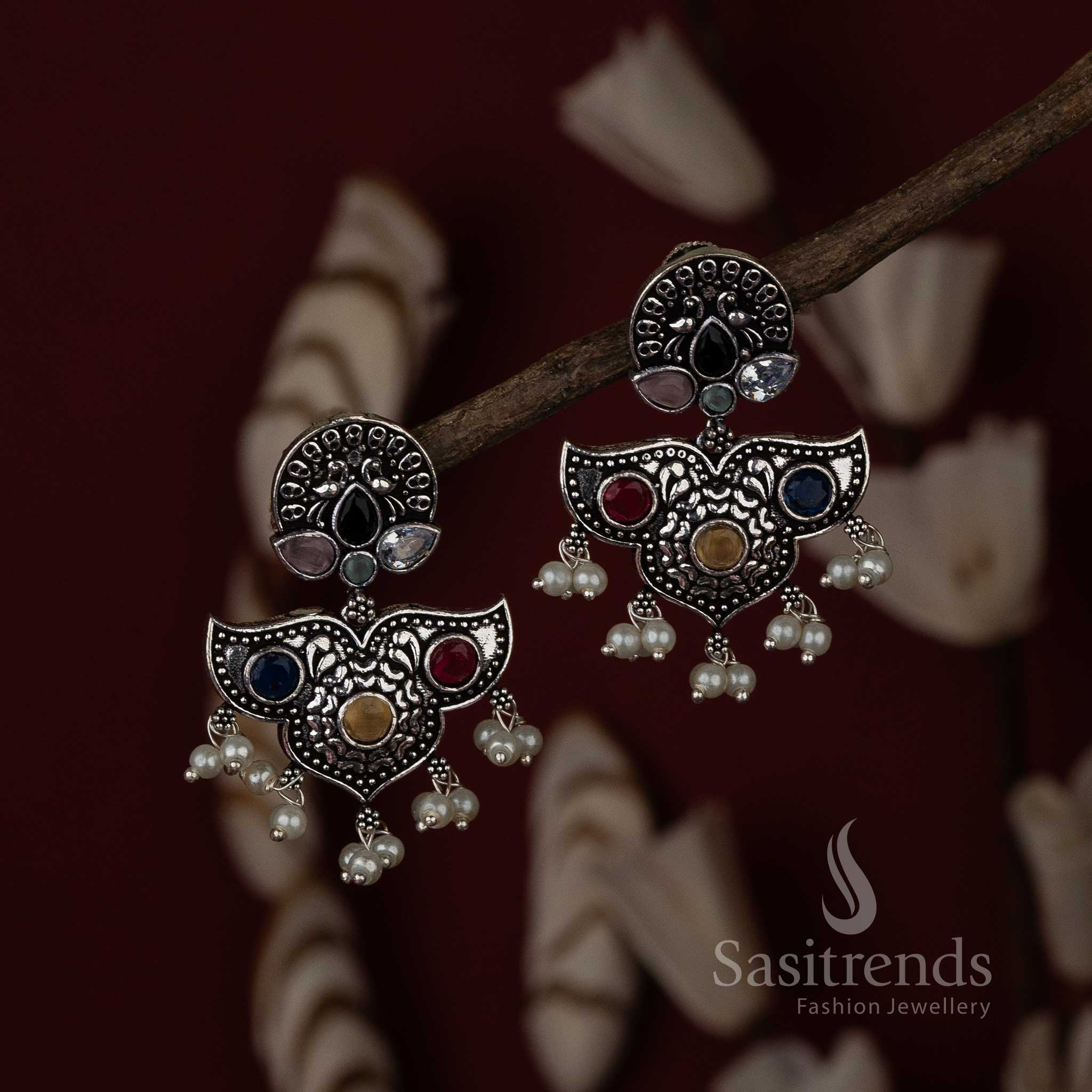 Multi Stone Stud Oxidised Chanfbali Earrings Sasitrends Online Shopping