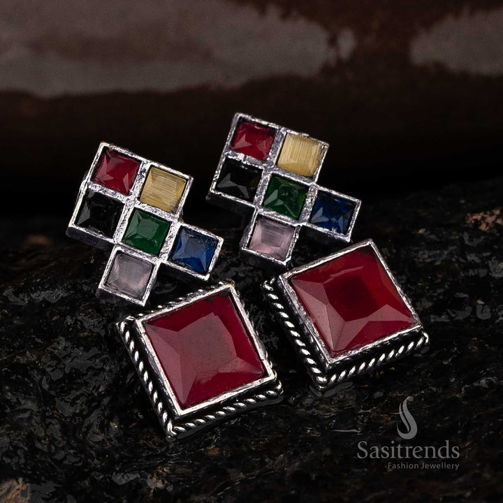 Multi Color Square Oxidised Earrings Navarathiri Special By Sasitrends