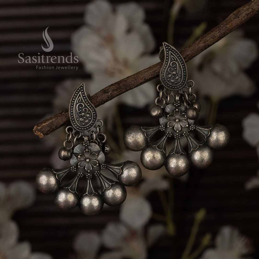 Oxidised silver Chandabali earrings with paisley motif for Navarathiri