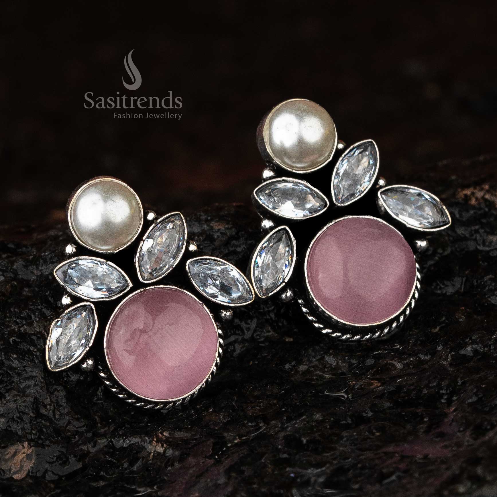 Pink Monalisa Stone Oxidised Earrings for Navarathiri Celebrations