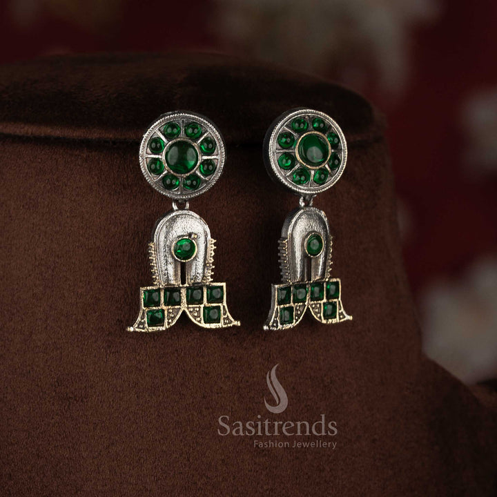 Sasitrends traditional antique oxidised 92.5 Silver Plated green stone long necklace set styled for modern saree and festive occasions.