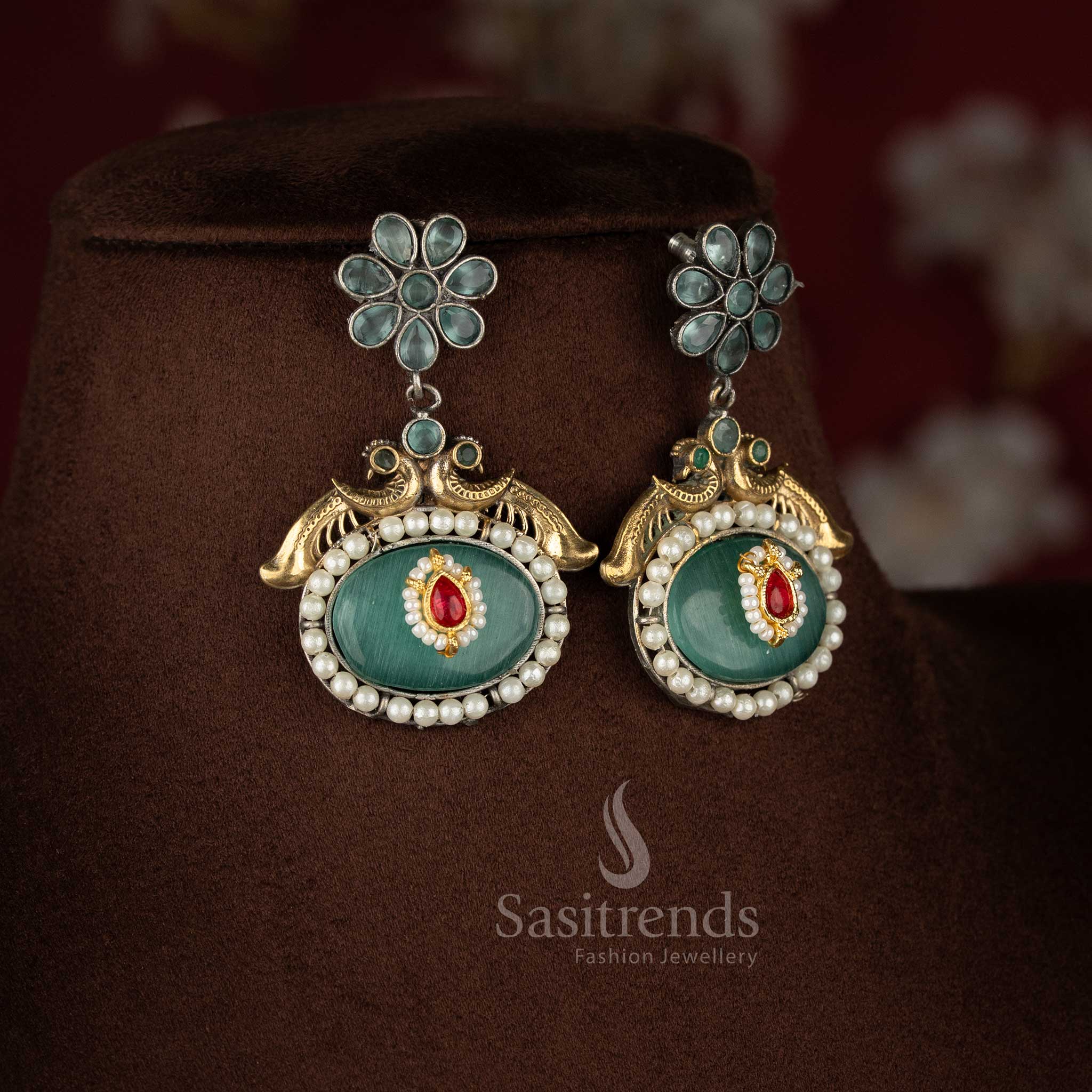 Sasitrends traditional antique oxidised 92.5 Silver Plated oval pendant mint stone necklace set styled for modern saree and festive occasions 