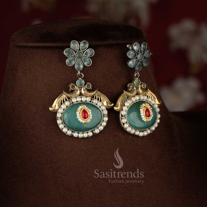 Sasitrends traditional antique oxidised 92.5 Silver Plated oval pendant mint stone necklace set styled for modern saree and festive occasions 