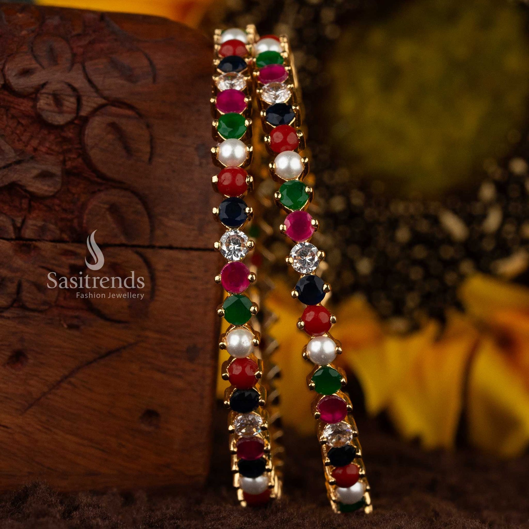 Navaratna American Diamond Bangles with Multi Gemstones Sasitrends