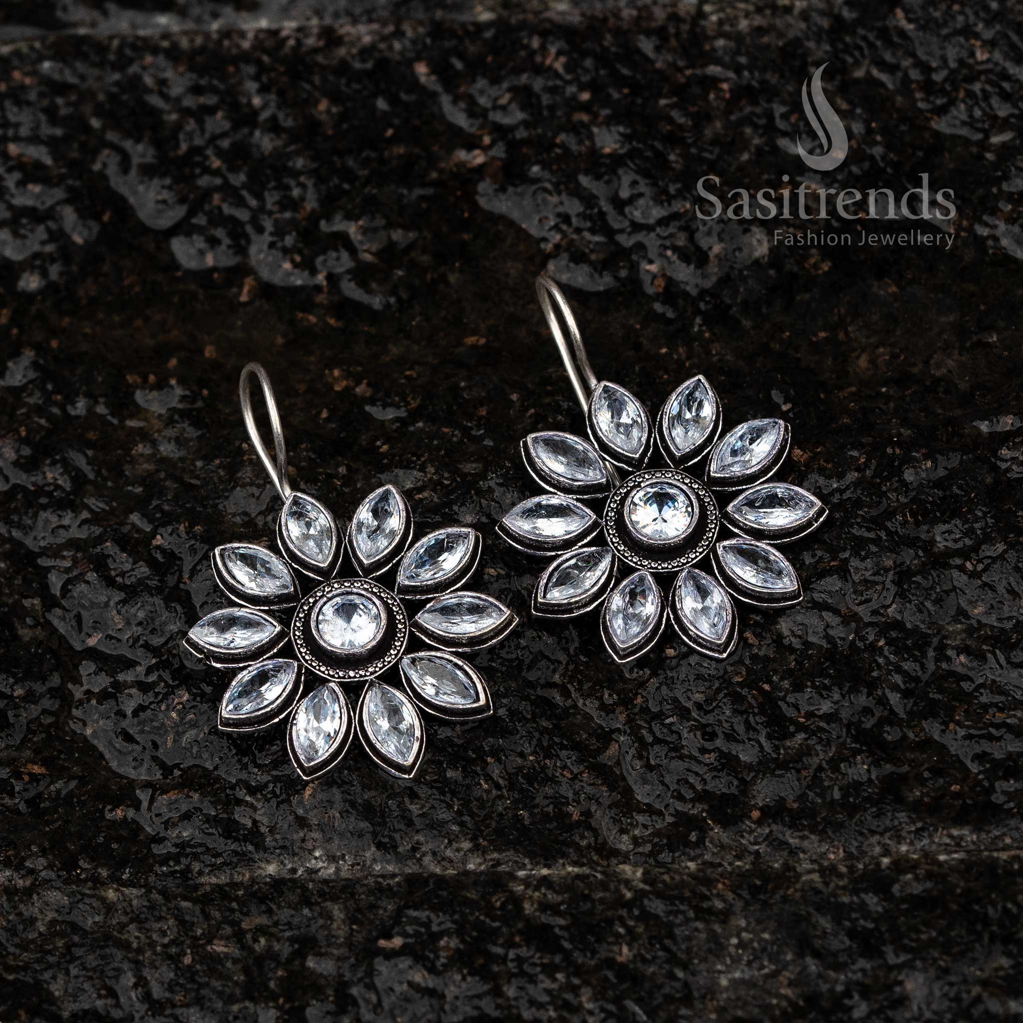 White Stone Floral Oxidised Earrings Perfect for Navarathiri Celebrations