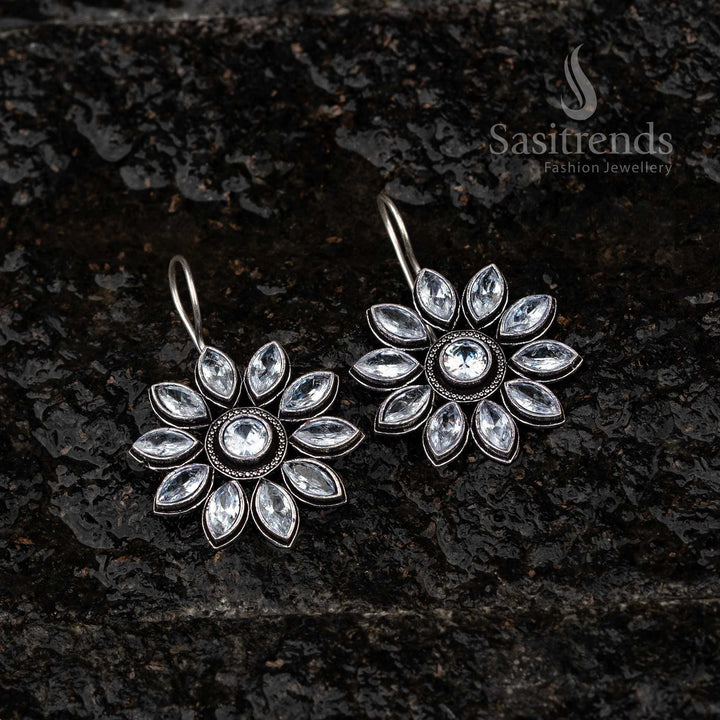 White Stone Floral Oxidised Earrings Perfect for Navarathiri Celebrations