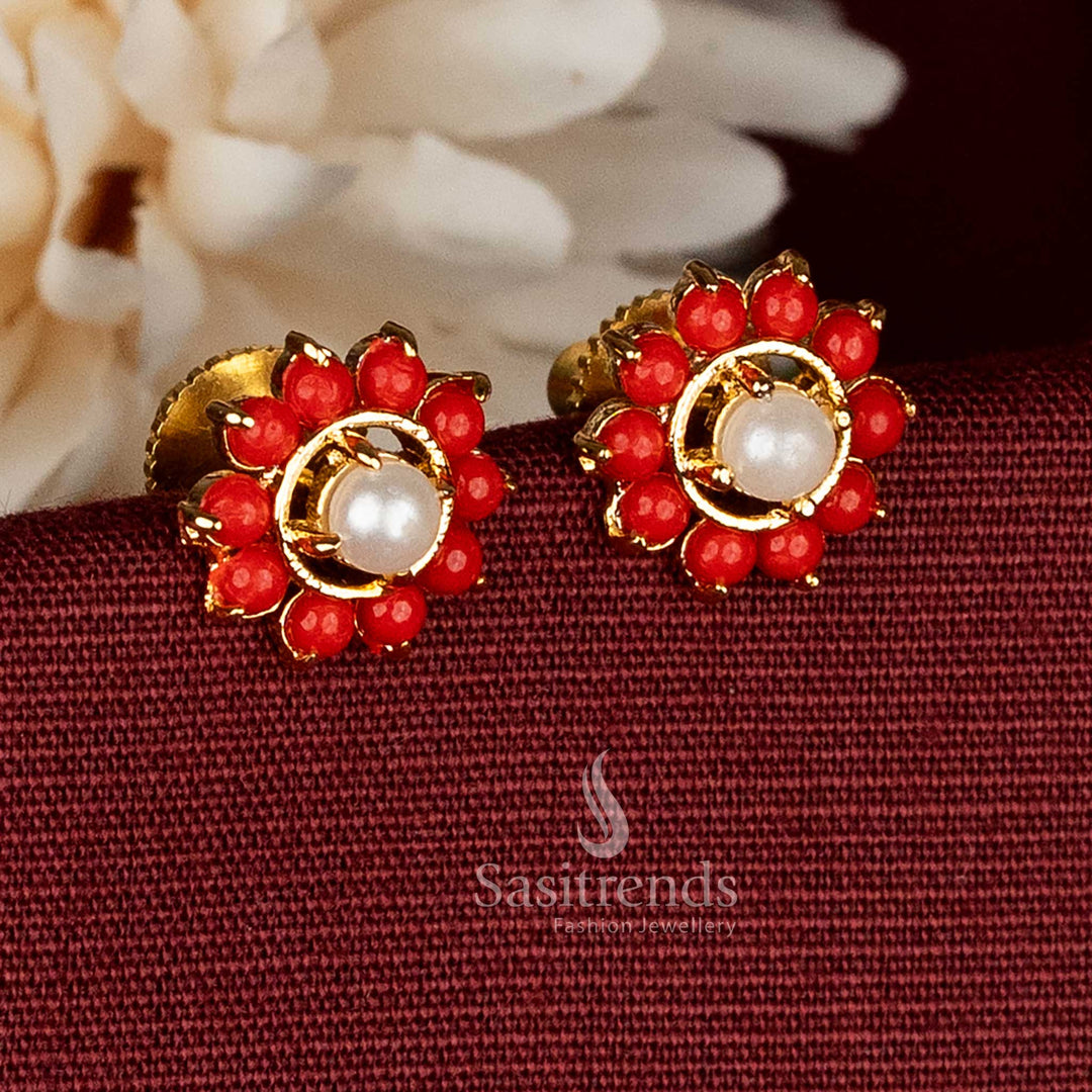 One gram micro gold plated flower pearl pavalam stud earrings – Sasitrends