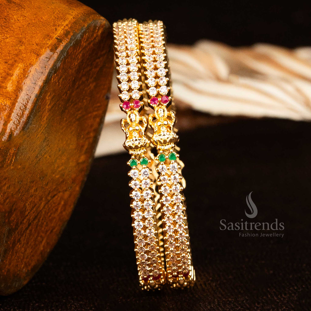 Traditional Micro gold Plated Lakshmi Motif Bangles with Two-Line AD Stones – Sasitrends