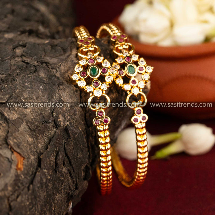 Sasitrends | Luxurious Micro Gold-Plated American Diamond Kada Bangles with Floral Motifs