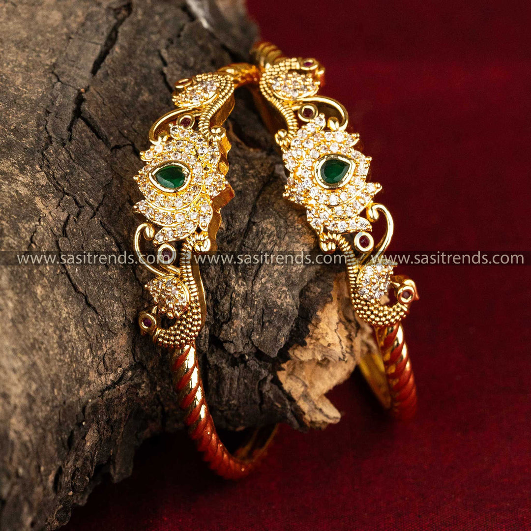 Gold Plated Lotus AD Bangles with Peacocks