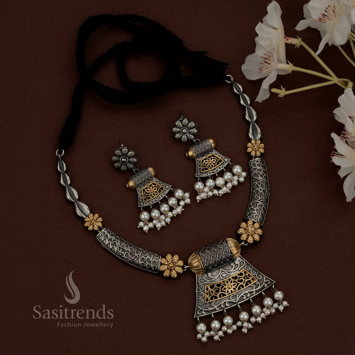 Opulent 92.5 dual tone silver oxidised plated floral jharokha necklace set with pearl drops, designed for Navaratri nights and cultural celebrations – Sasitrends