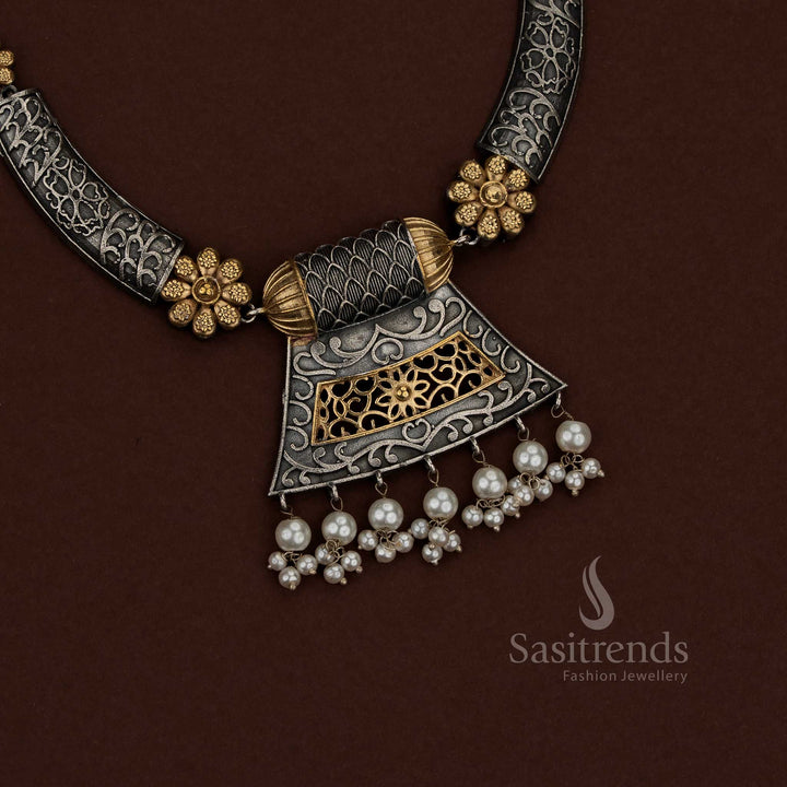 Wonderful 92.5 Dual Tone Silver Oxidised Plated Floral Jharokha Necklace Set with Pearl Drops for Navaratri Nights & Cultural Soirées  - Sasitrends