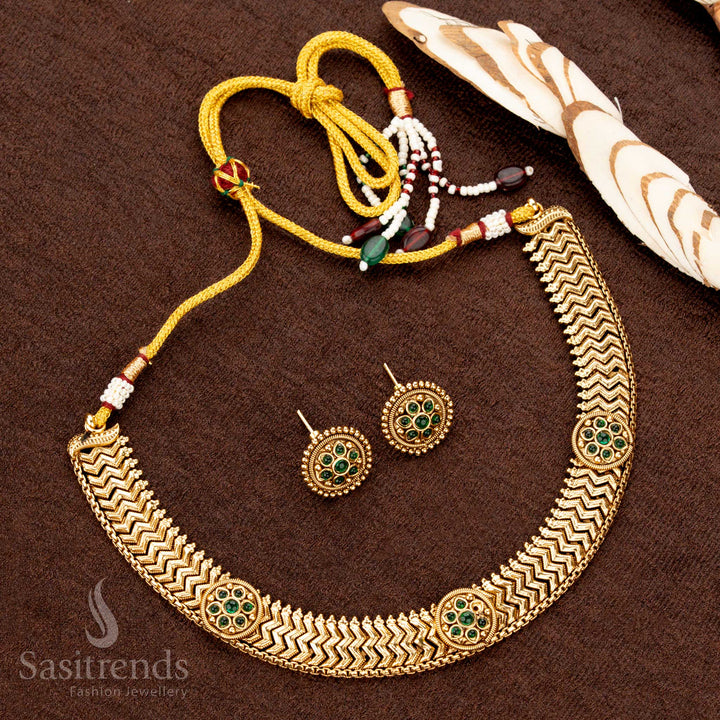 Wonderful Look Antique Gold Plated Designer Necklace Set with Round Floral Red Stone Motifs – Traditional Wear - Sasitrends