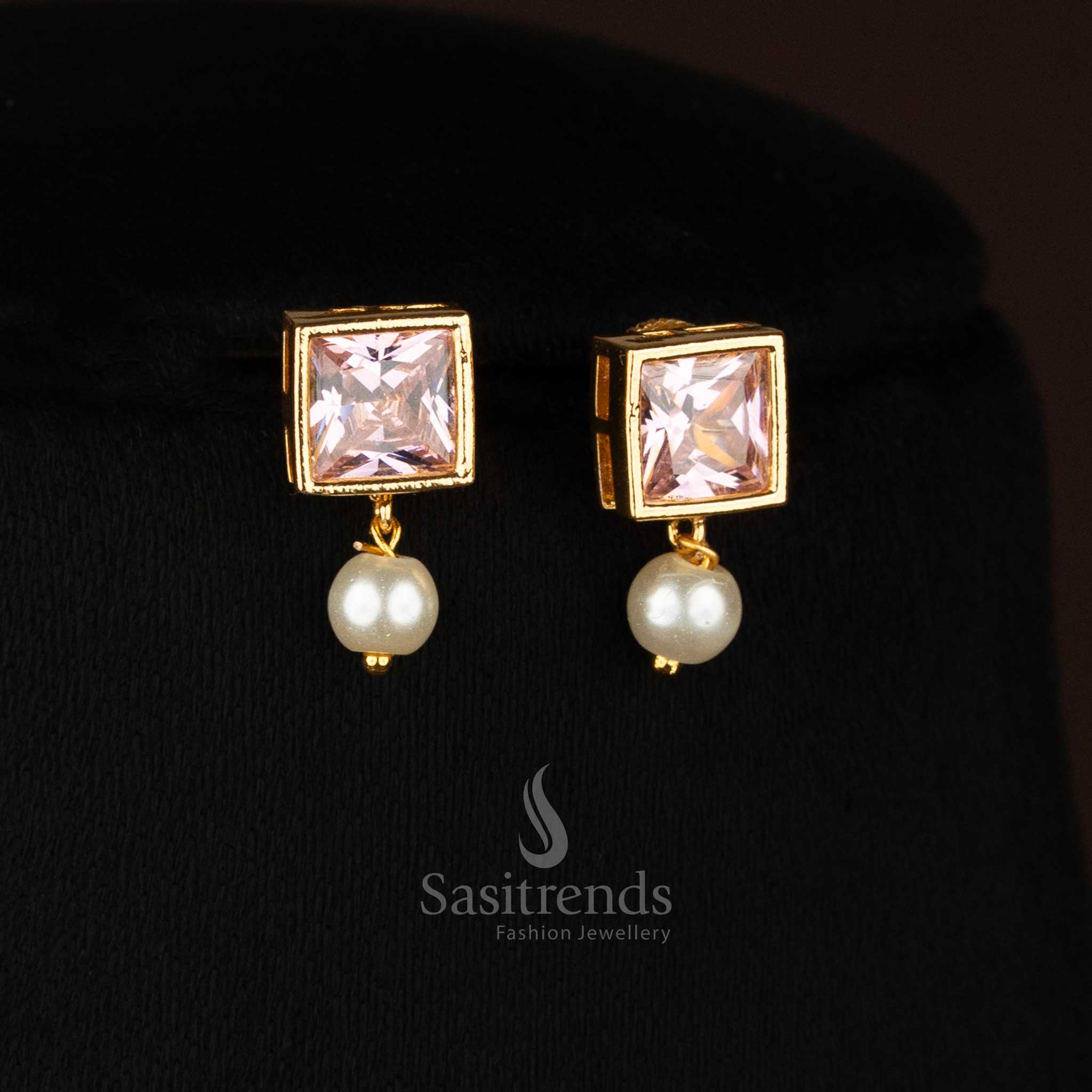 American Diamond square-stone statement earrings with graceful pearl hangings, crafted with micro gold plating for lavish wedding elegance and festive radiance – Sasitrends