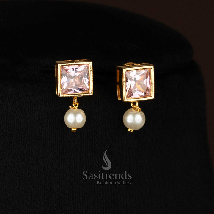 American Diamond square-stone statement earrings with graceful pearl hangings, crafted with micro gold plating for lavish wedding elegance and festive radiance – Sasitrends
