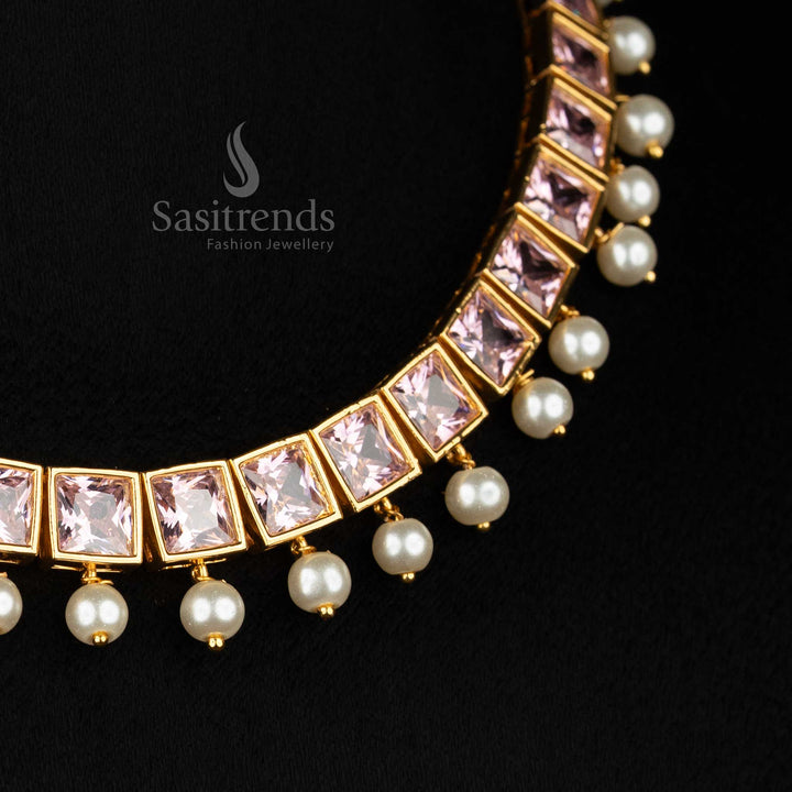  BIG grand pink American Diamond necklace with intricate square pattern detailing and elegant pearl strings for a majestic festive and wedding-style appearance – Sasitrends