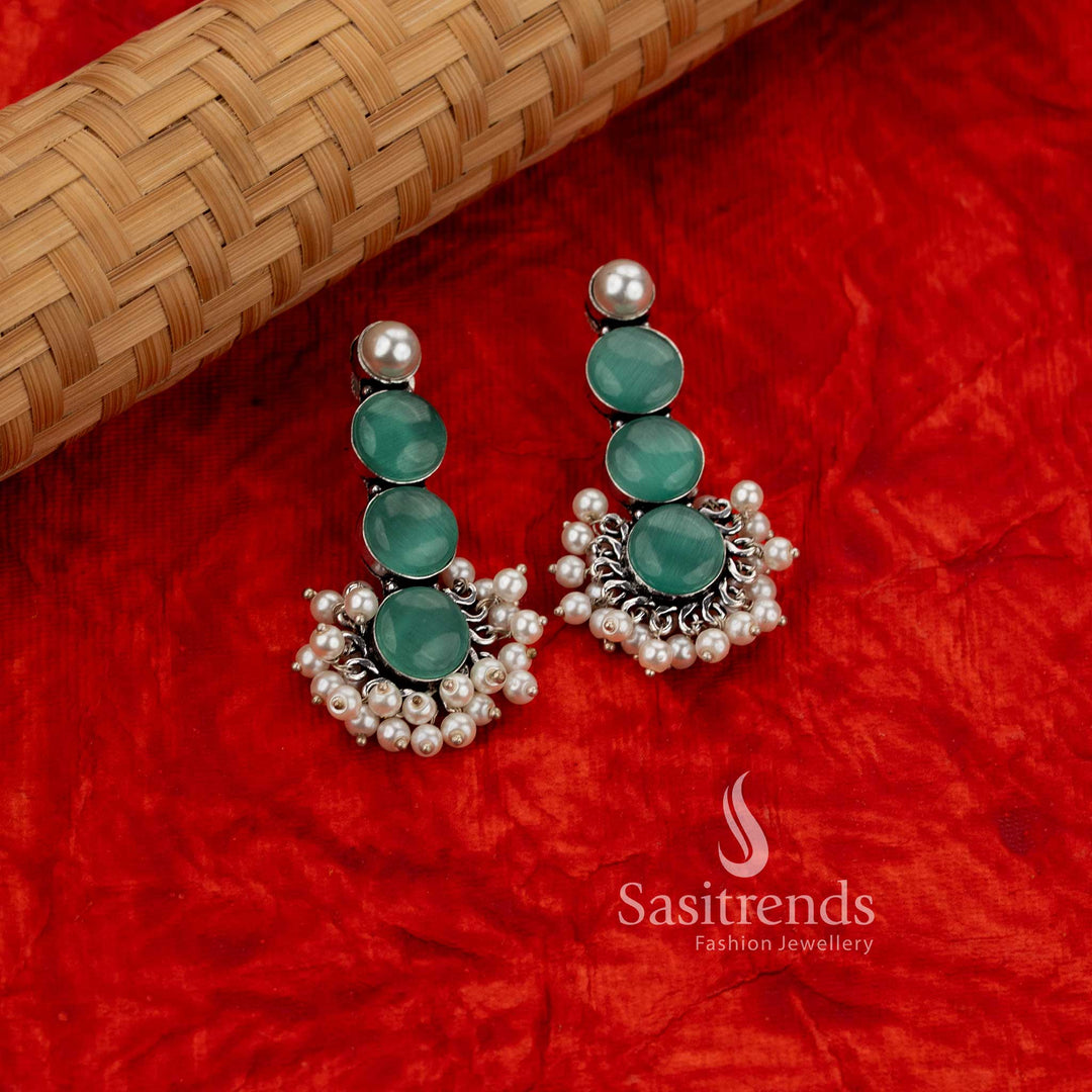 Stylish oxidised silver 3 tier round stone earrings with dangling pearl drop - Sasitrends