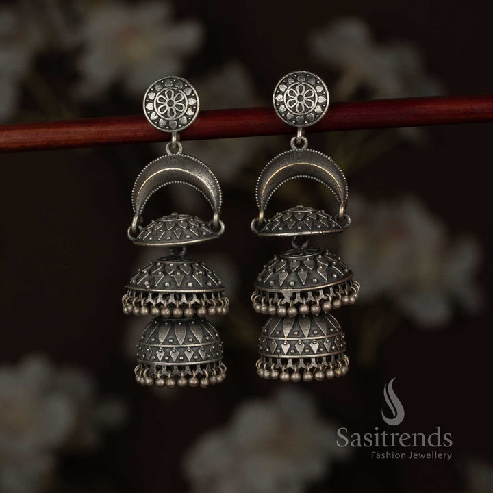 Antique oxidised 92.5 silver plated triple layer moon motif ghungroo jhumkas for festive wear - Sasitrends