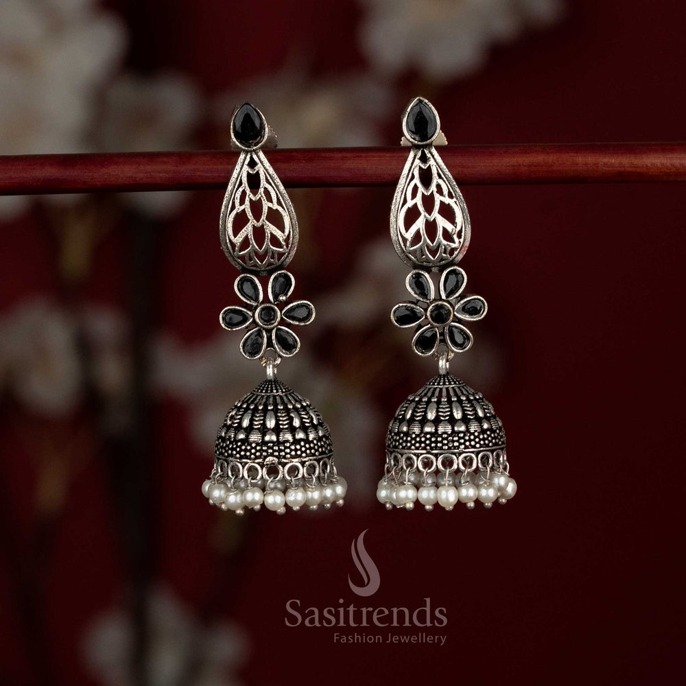 Oxidised German silver Monalisa teardrop stone floral motif jhumka earrings with pearls – Sasitrends