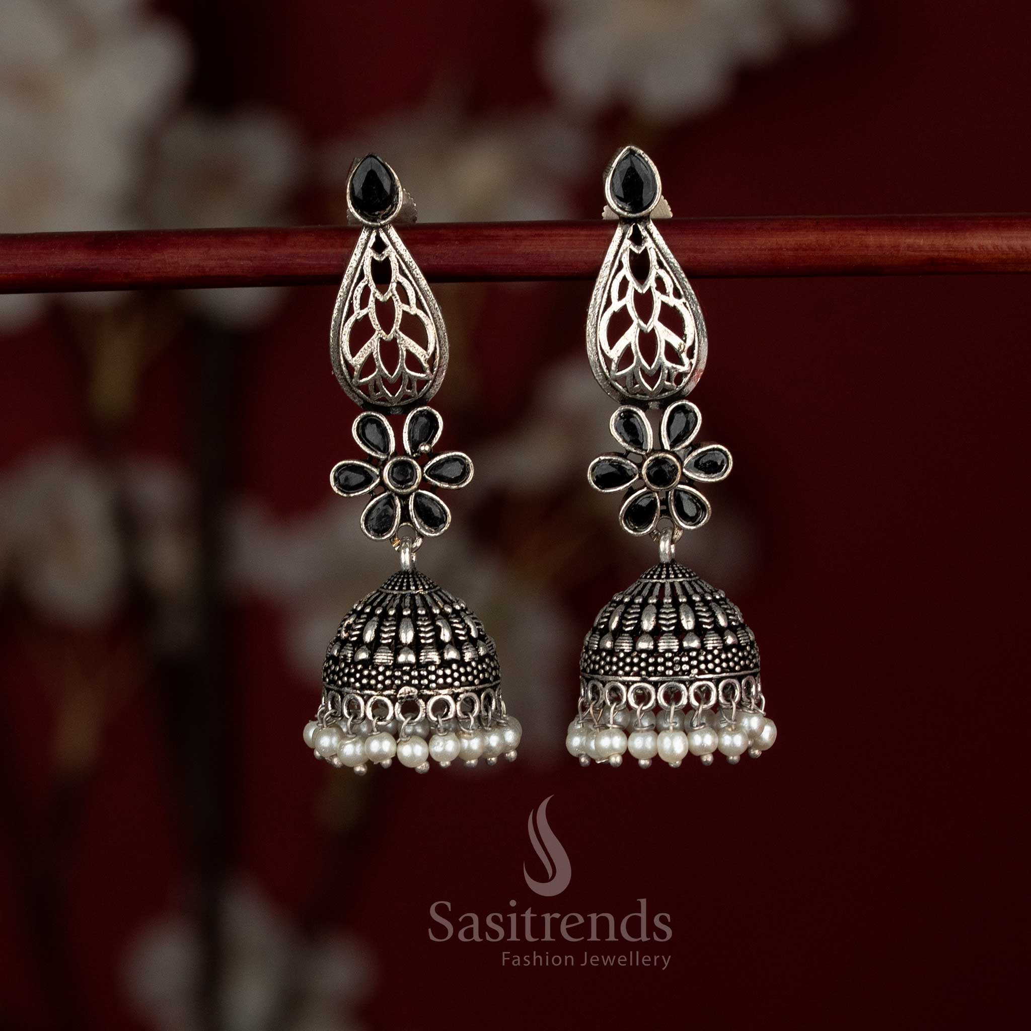 Oxidised German silver Monalisa teardrop stone floral motif jhumka earrings with pearls – Sasitrends