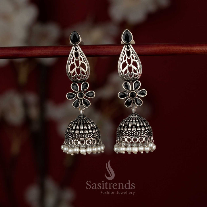 Oxidised German silver Monalisa teardrop stone floral motif jhumka earrings with pearls – Sasitrends