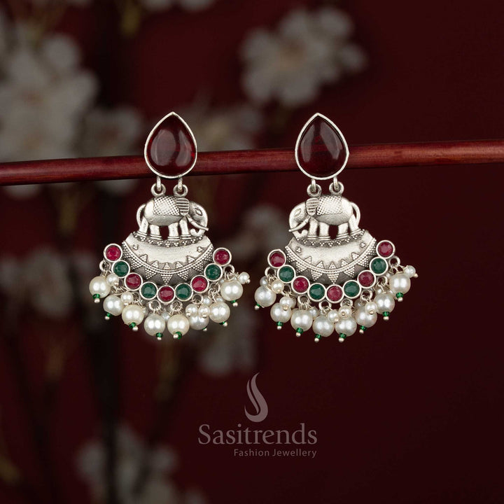 Majesty Oxidised Silver Elephant Teardrop Crescent Earrings with Pearls for Sarees, Navaratri & Ethnic Celebrations