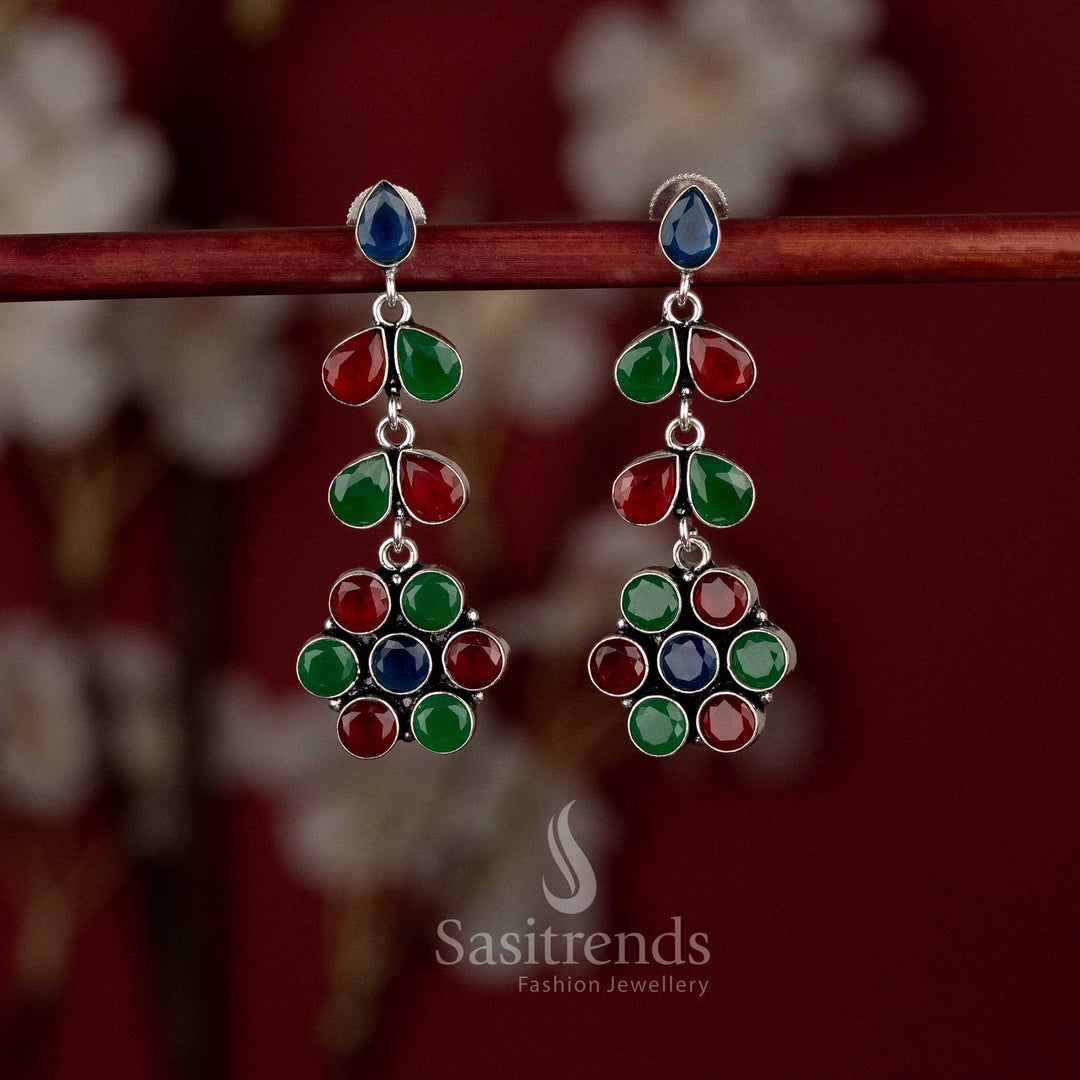 Oxidised silver three-tier drop articulated floral dangle earrings for office, brunch, and evening walks – Sasitrends