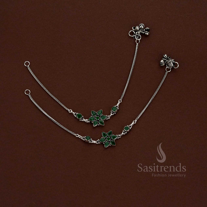 Charming Oxidised Floral Motif Chain AD Anklets for Casual & Daily Wear