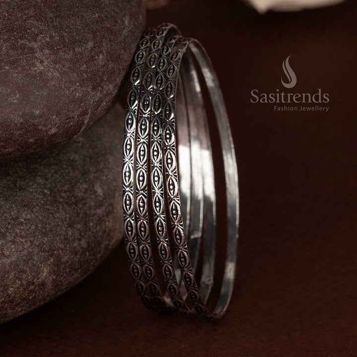 Oxidised Silver Geometric Textures Bangles – Set of 4 for Smart Casual Wear, Creative Office Days & Minimal Styling