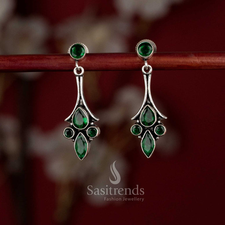 Modern Oxidised Geometric Teardrop Stone Dangle Earrings for Office and Casual Meetups