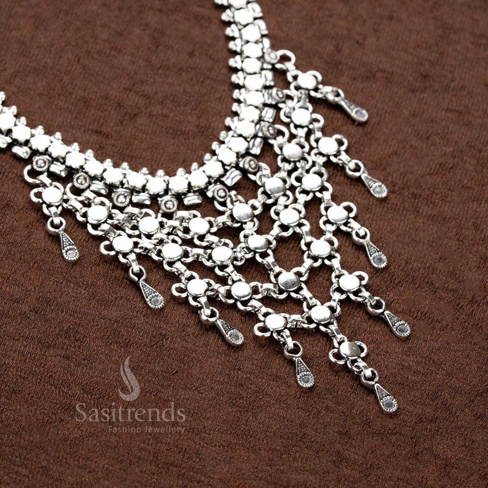 Oxidised German silver layered choker necklace with hanging motifs – Sasitrends
