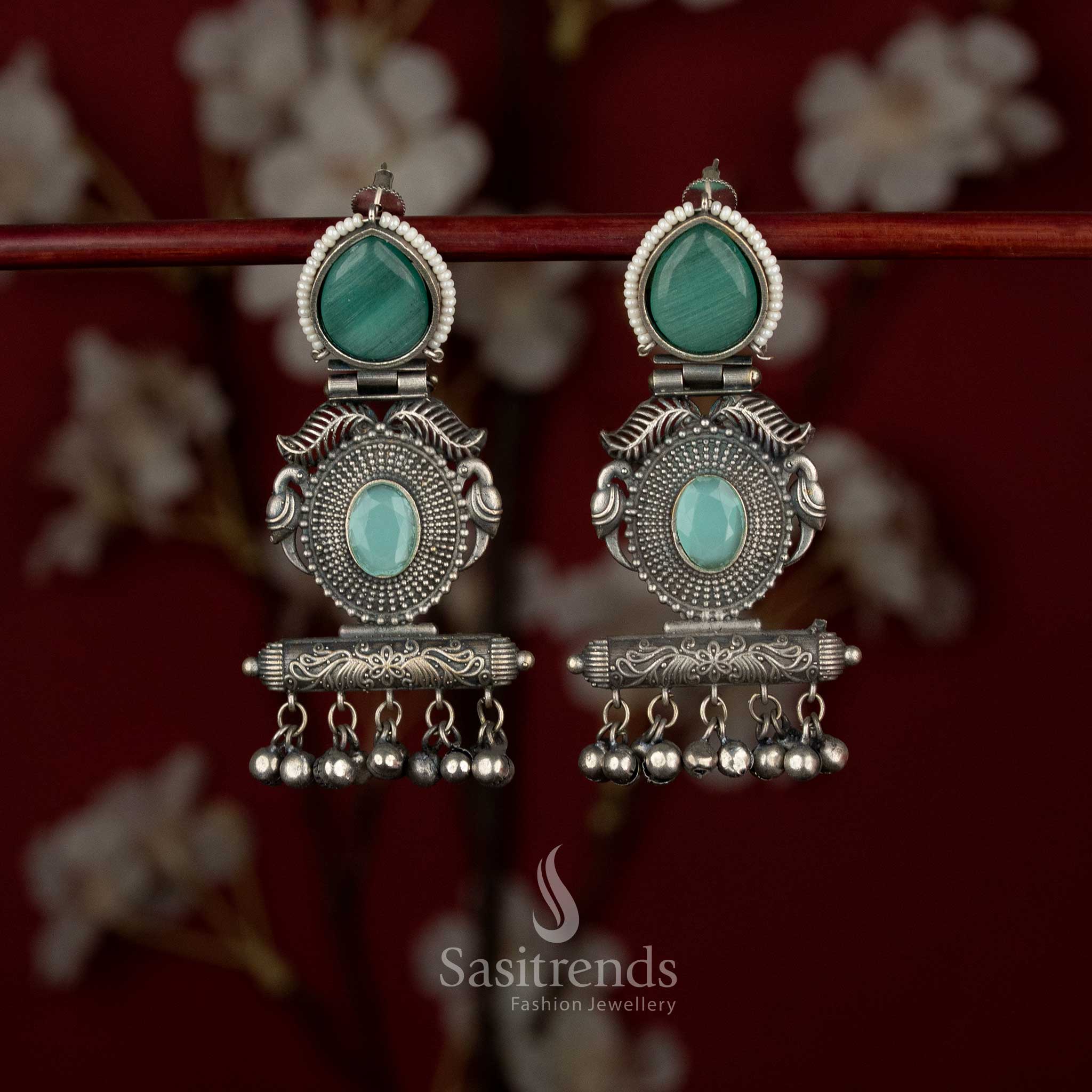 Oxidised German silver rectangular earrings with tribal bird motifs and teardrop stone – Sasitrends