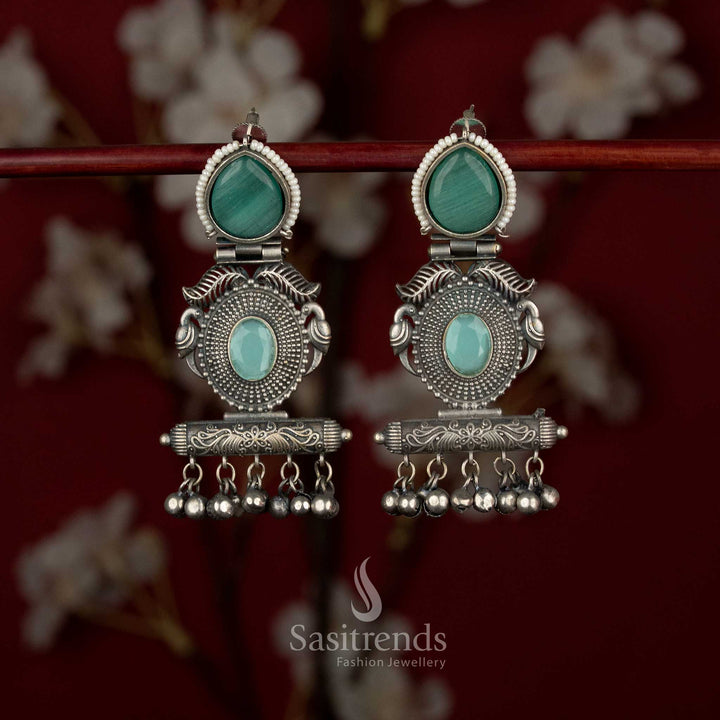 Oxidised German silver rectangular earrings with tribal bird motifs and teardrop stone – Sasitrends