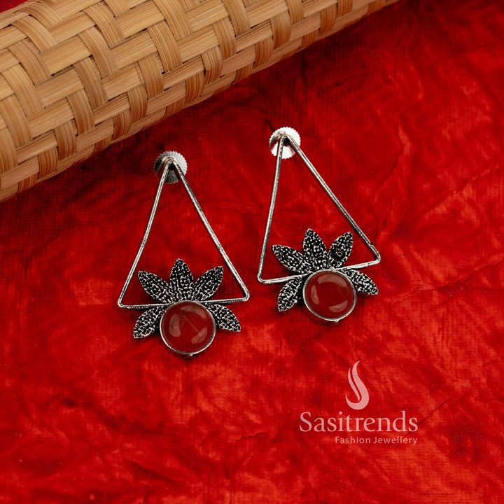 Oxidised isosceles triangle earrings with round stones for casual and evening wear – Sasitrends