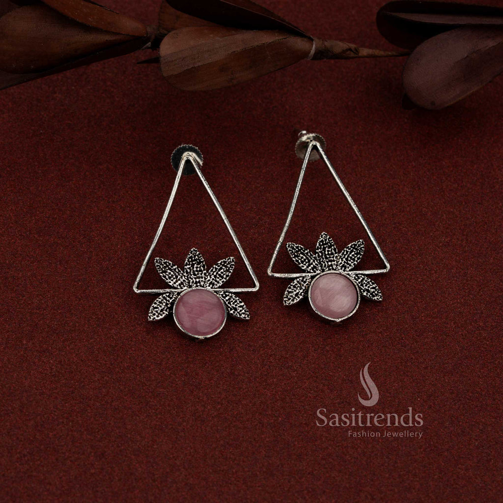 Oxidised isosceles triangle earrings with round pink stone detailing suitable for casual and evening wear