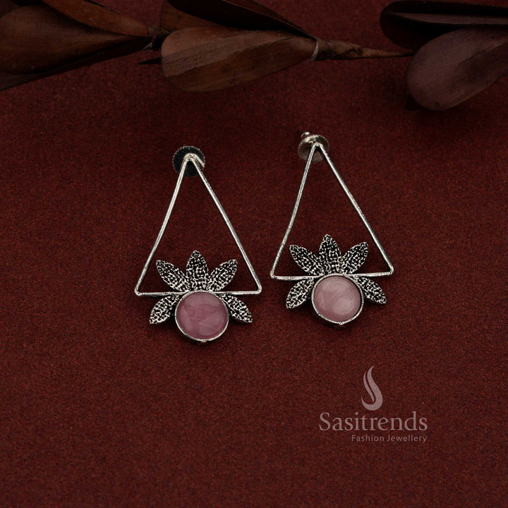 Oxidised isosceles triangle earrings with round pink stone detailing suitable for casual and evening wear