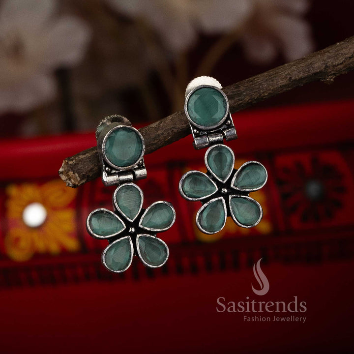 Oxidised Mint Stone Stud Earrings Navarathiri Special Accessory Sasitrends Online Shopping