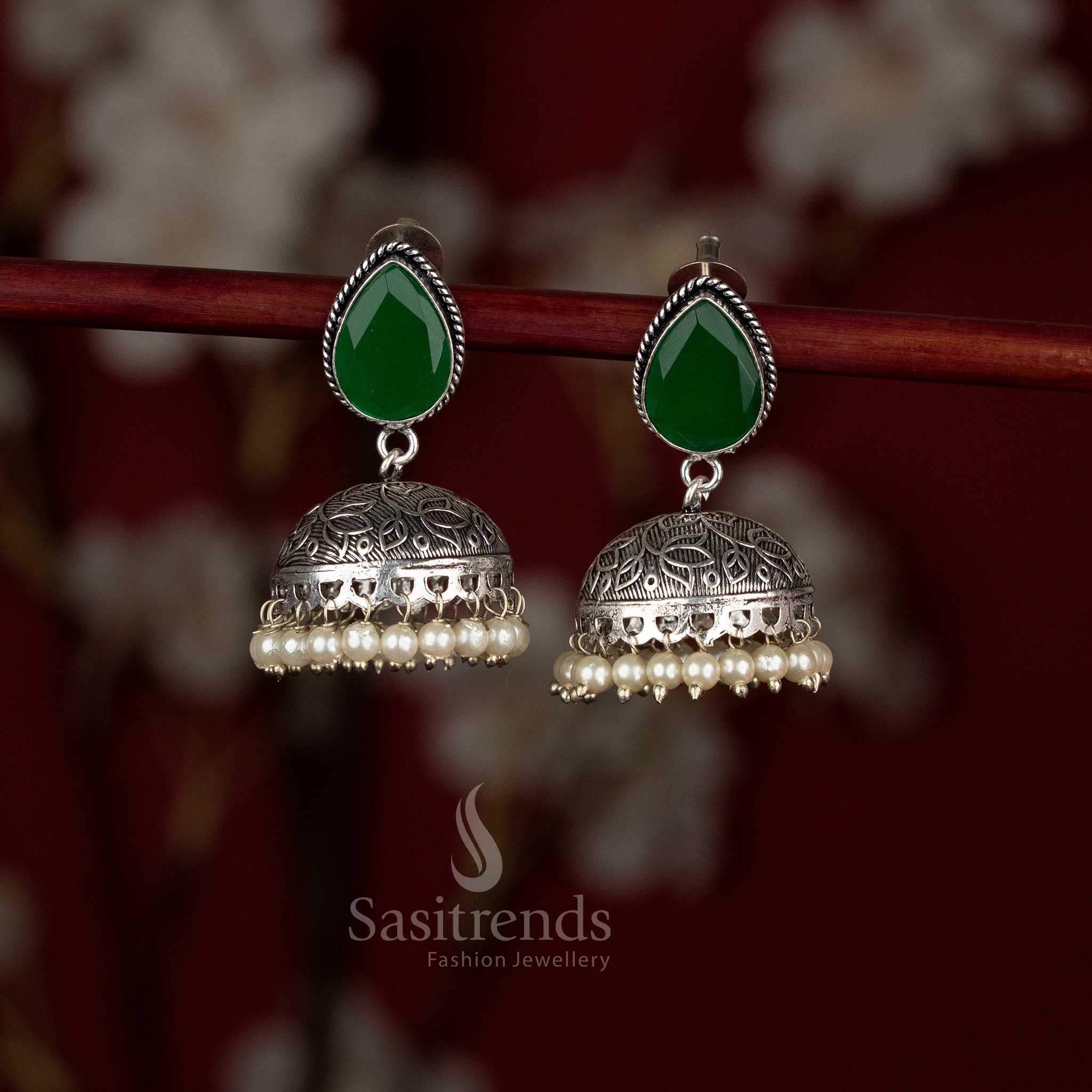 Oxidised Monalisa teardrop jhumka earrings with engraved dome – Sasitrends